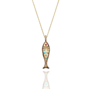 TURQUOISE AND CHAMPAGNE DIAMOND FISH NECKLACE